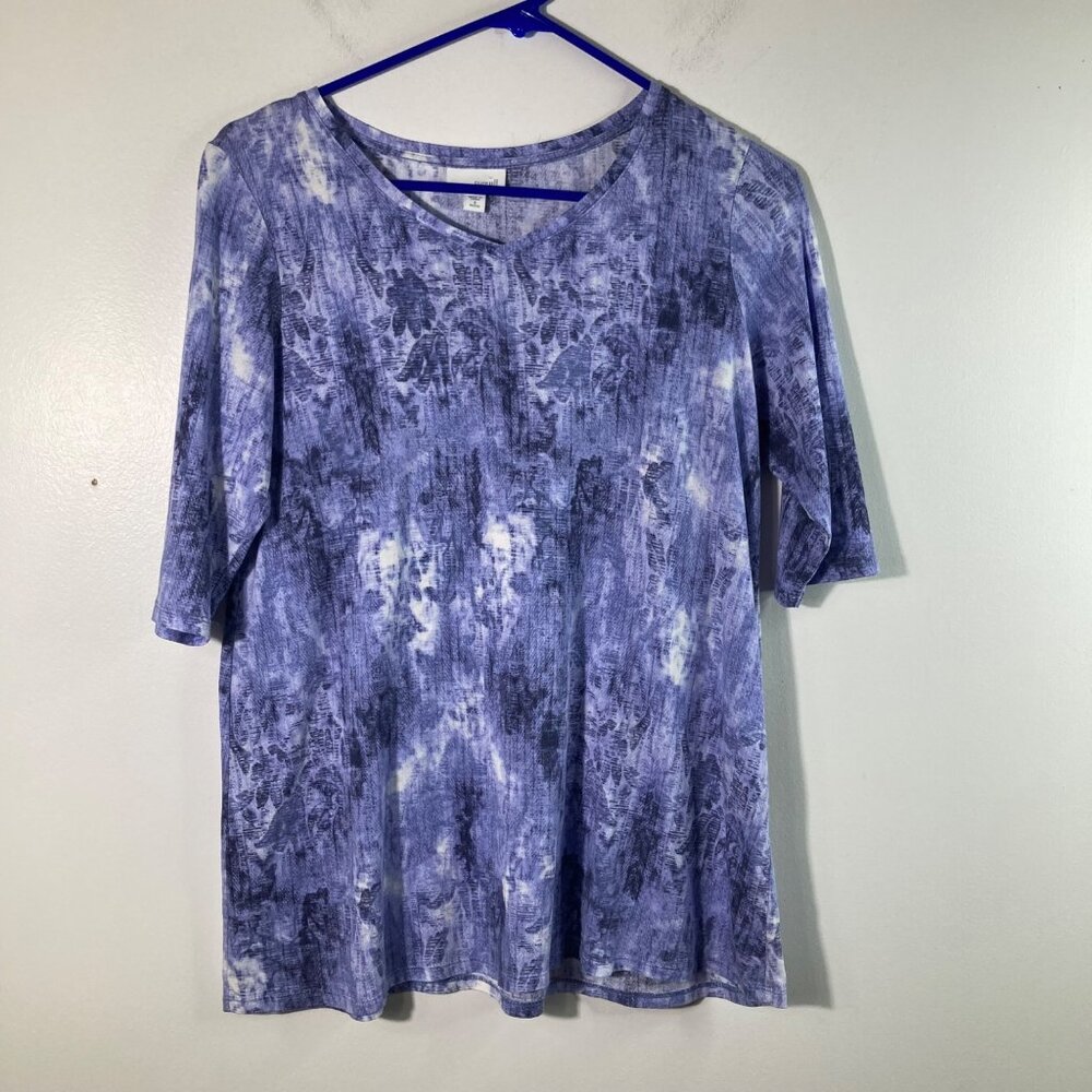 Womens PureJill Floral V Neck Top 1/2 Sleeve Blue White Cotton Modal SP